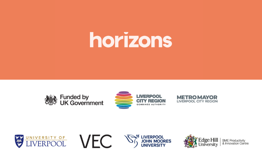 The word Horizons against an orange backdrop with seven logos underneath for the UK government, Liverpool City Region Combined Authority, Metro Mayor Liverpool City Region, University of Liverpool VEC, Liverpool John Moores University and Edge Hill University's SME Productivity and Innovation Centre